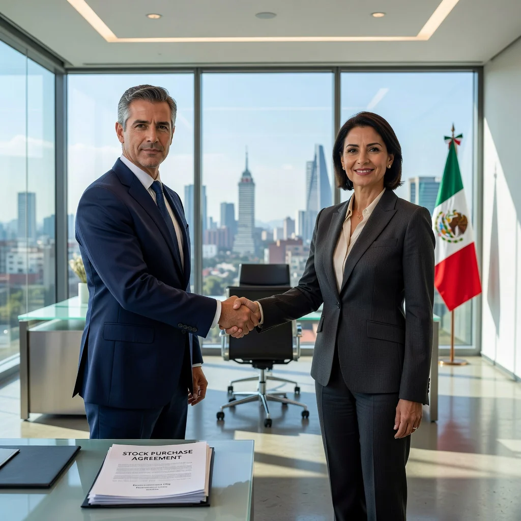 A photorealistic image representing the concept of stock purchase agreement in Mexico, showing a professional business meeting in a modern office with Mexican cultural elements like a flag or city skyline in the background, adults shaking hands over a business deal, symbolizing investment and acquisition.