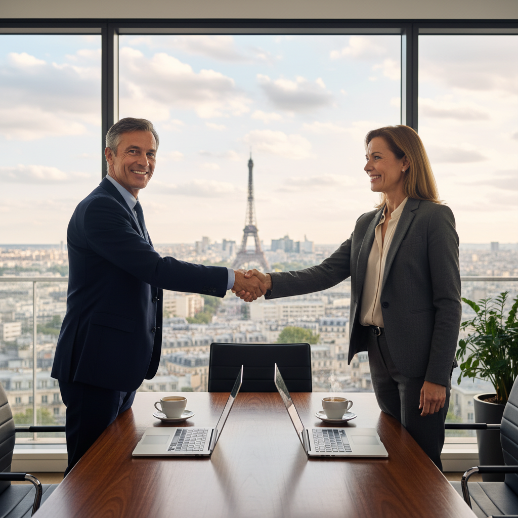 A professional business meeting in a modern French office where two adults in business attire are shaking hands over a table, symbolizing the transfer or sale of company shares, with subtle French elements like a flag or Eiffel Tower view in the background, photorealistic style.