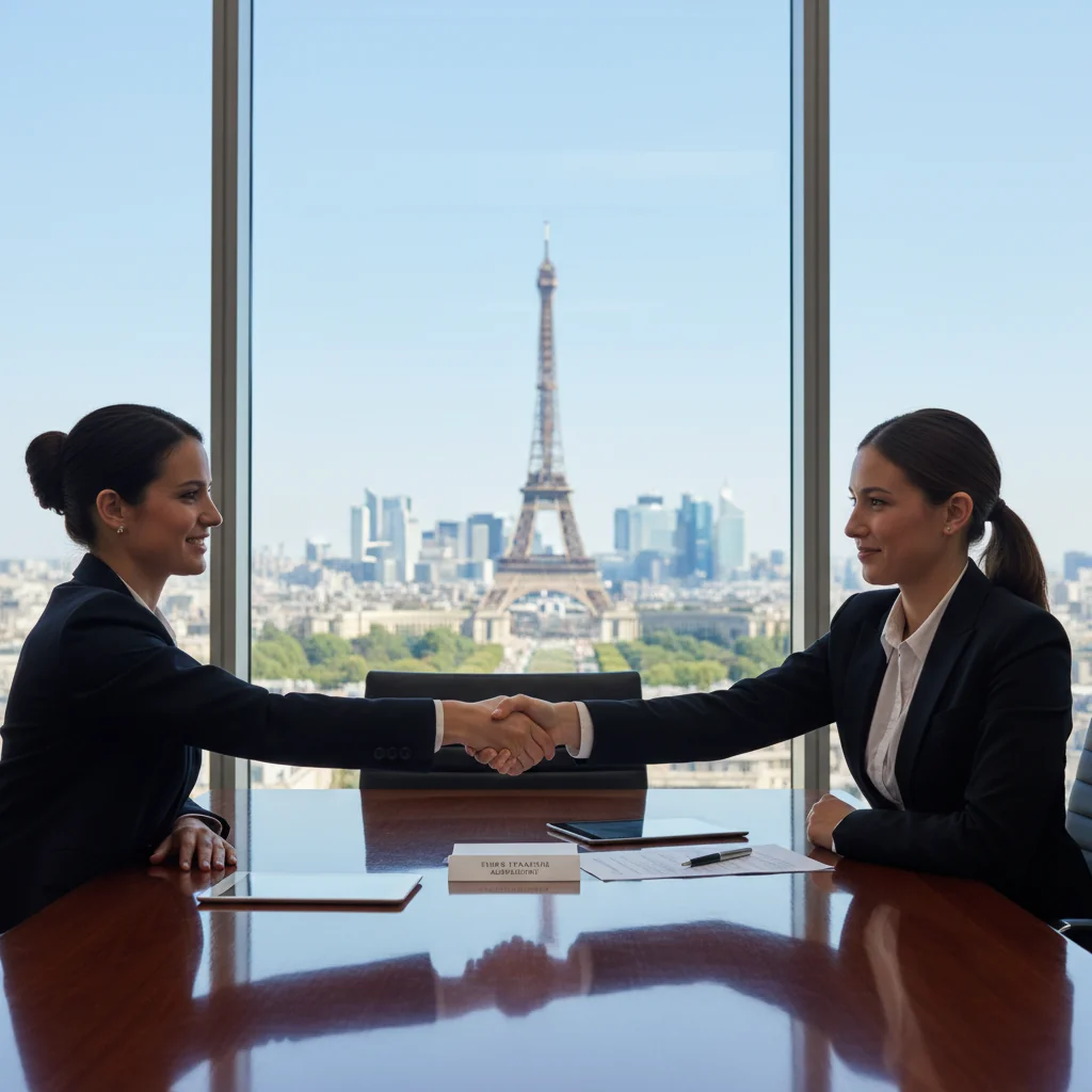A professional business meeting in a modern French office where two adults in business attire are shaking hands over a conference table, symbolizing the transfer of company shares, with subtle French elements like a Eiffel Tower view in the background, no children present.
