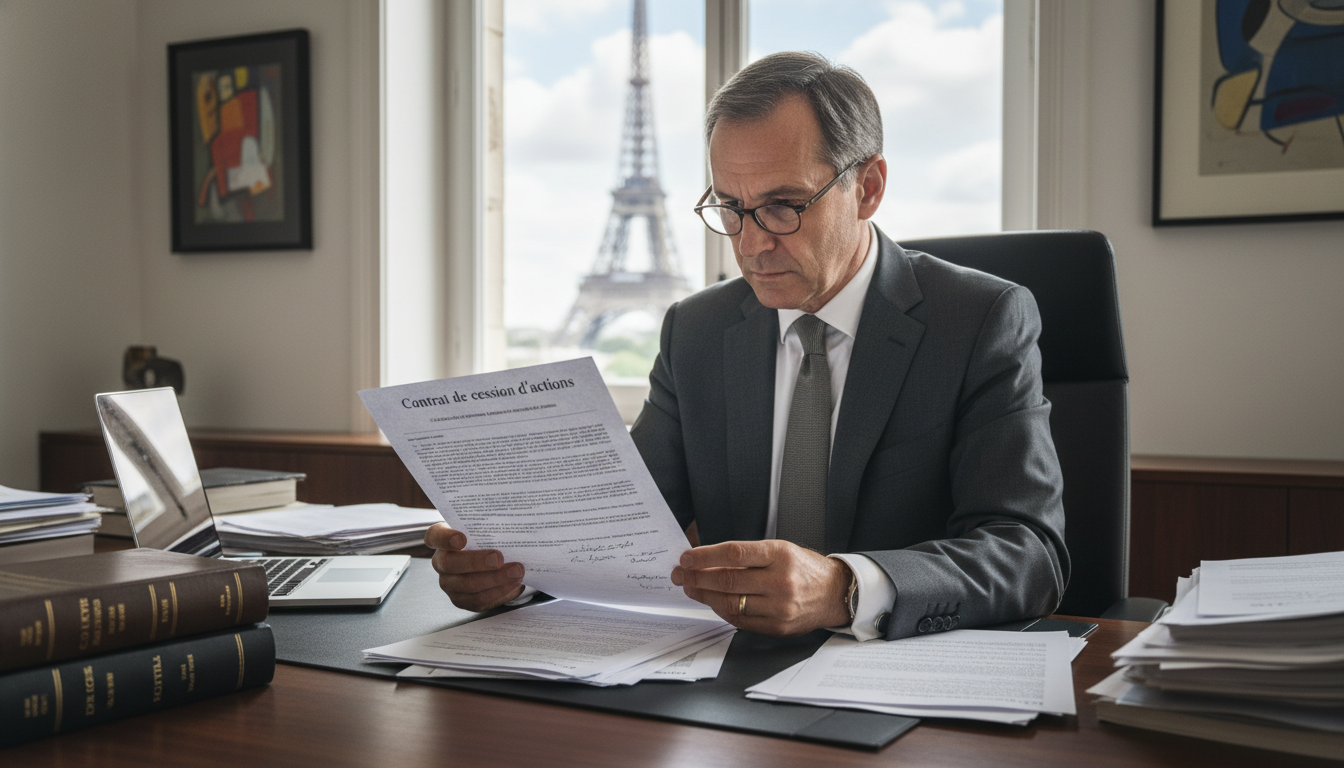 French lawyer reviewing stock transfer contract