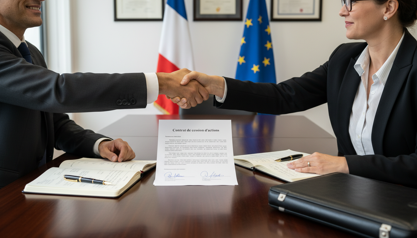 Signing stock transfer agreement in France