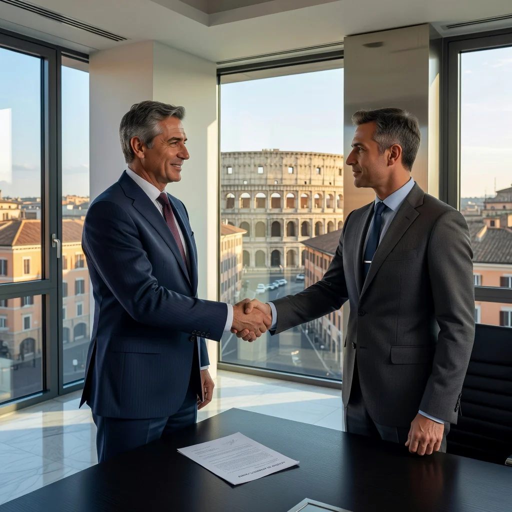 A professional scene representing stock purchase in an Italian business context, featuring a confident Italian businessman in a suit shaking hands with a business partner across a modern office desk, with subtle Italian landmarks like the Colosseum visible through a window in the background, conveying agreement and investment.