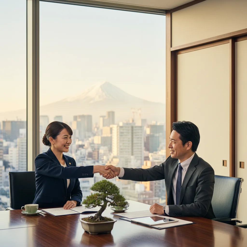 A photorealistic image of two professional businesspeople in a modern Japanese office, shaking hands over a conference table to symbolize a stock transfer agreement, with subtle Japanese elements like a city skyline view and traditional decor in the background, conveying trust and business partnership.