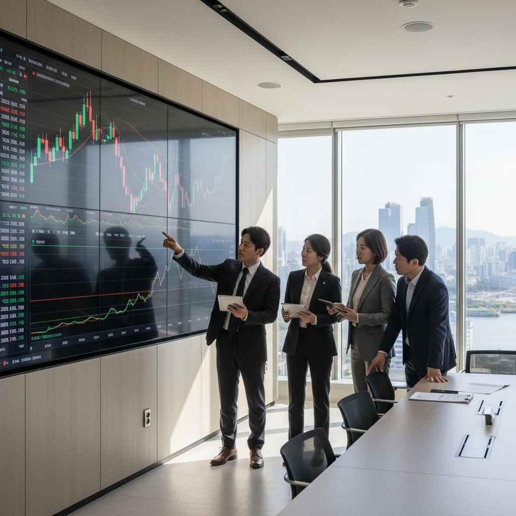 A professional business scene in South Korea representing stock trading agreements, featuring a diverse group of adult Korean business professionals in a modern office, reviewing charts and discussing stock market deals on a large screen, with Seoul skyline in the background, no legal documents visible, no children present.