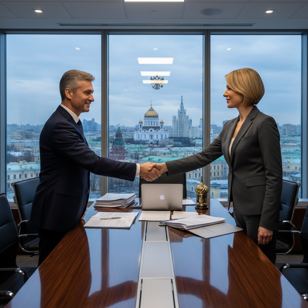 A professional business meeting in a modern Russian office where two suited executives are shaking hands over a deal, symbolizing the agreement in a stock purchase contract, with subtle Russian elements like a flag or Moscow skyline in the background, photorealistic style, no children present.