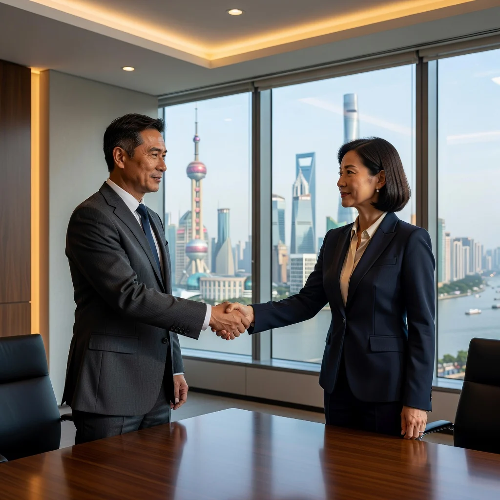 A professional business meeting in a modern Chinese office, where two adults in suits are shaking hands across a conference table, symbolizing a successful equity acquisition deal, with subtle Chinese cultural elements like a city skyline view through the window, conveying trust and partnership in corporate transactions.