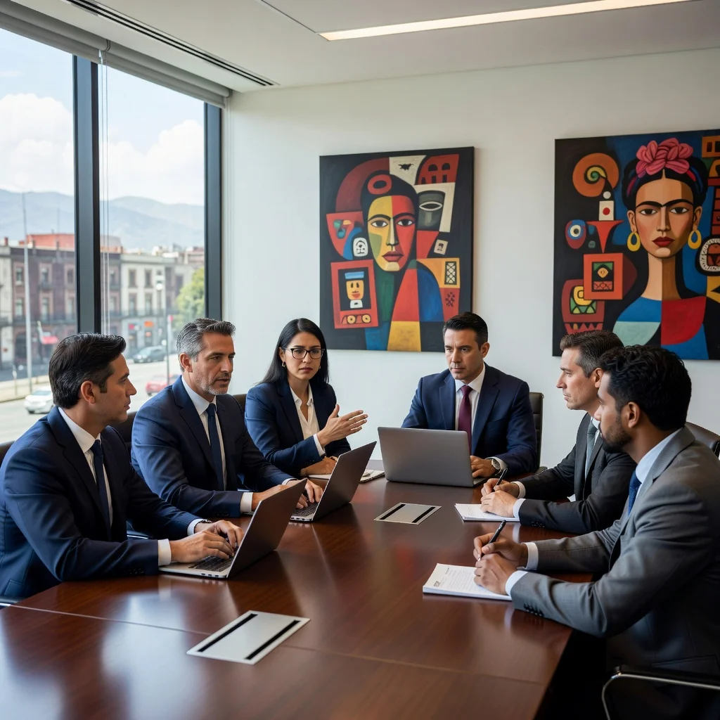 A photorealistic image of a diverse group of professional adults in a modern conference room during a business meeting, representing a board of directors assembly in a Mexican company. They are engaged in discussion around a table with laptops and notepads, conveying collaboration and decision-making, no legal documents visible.
