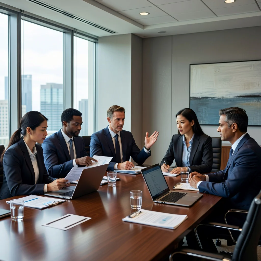 A photorealistic image of a diverse group of professional adults in a modern boardroom, engaged in a serious discussion around a conference table, symbolizing effective decision-making and board resolutions, with natural lighting and realistic details, no children present.
