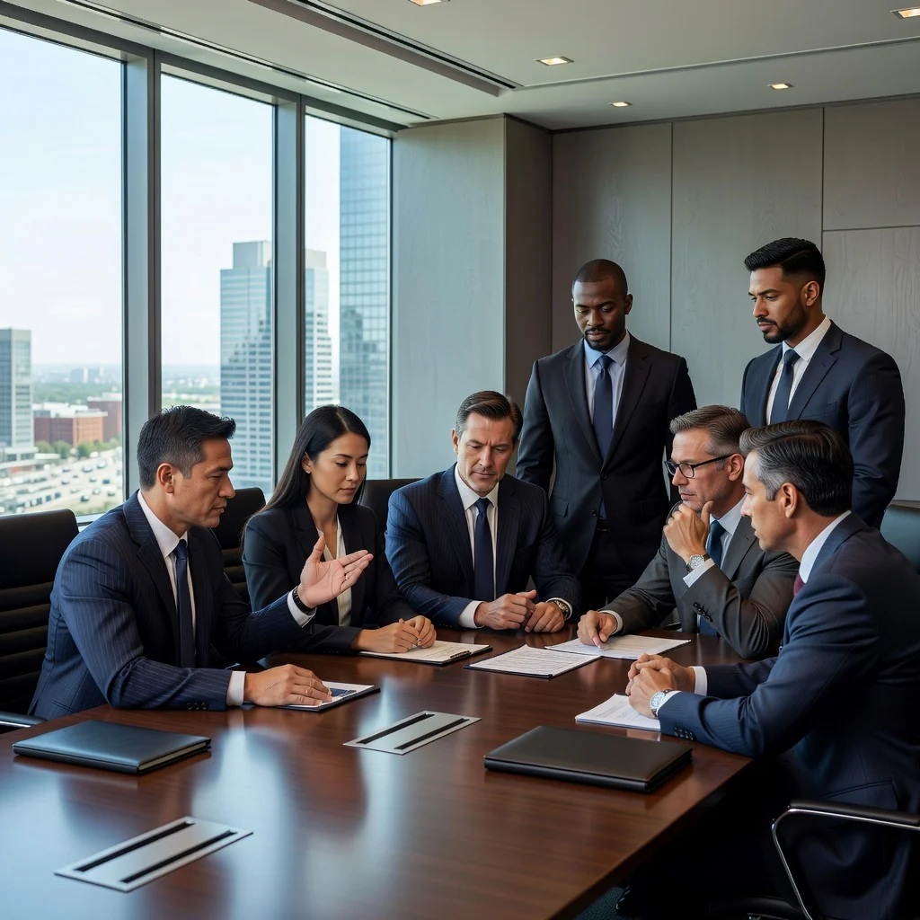 A photorealistic image of a diverse group of professional business executives in a modern corporate boardroom, engaged in a serious discussion around a conference table, symbolizing corporate governance and board resolutions, with no children present and no legal documents visible.