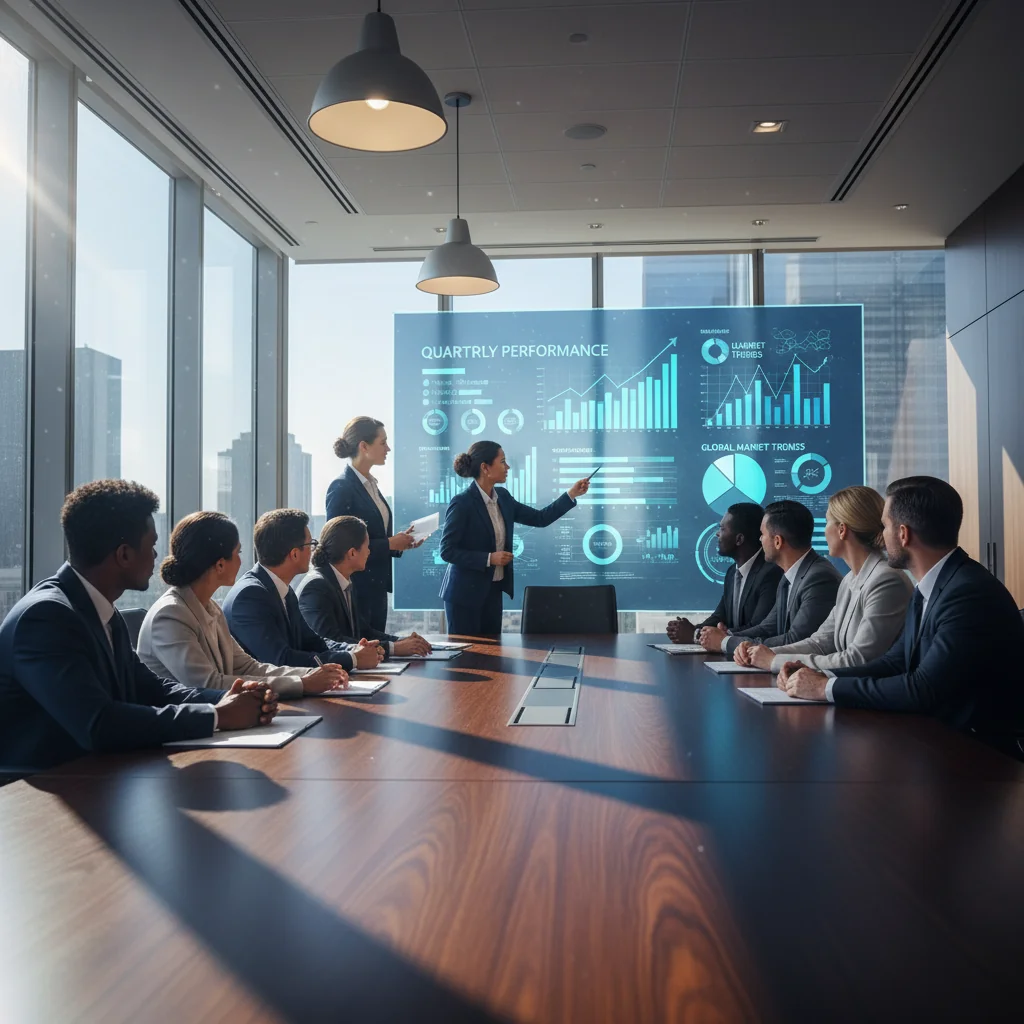 A professional boardroom scene with diverse executives engaged in a collaborative discussion around a conference table, symbolizing effective decision-making and governance in business, with charts and graphs on a screen in the background, conveying strategy and unity without focusing on documents.