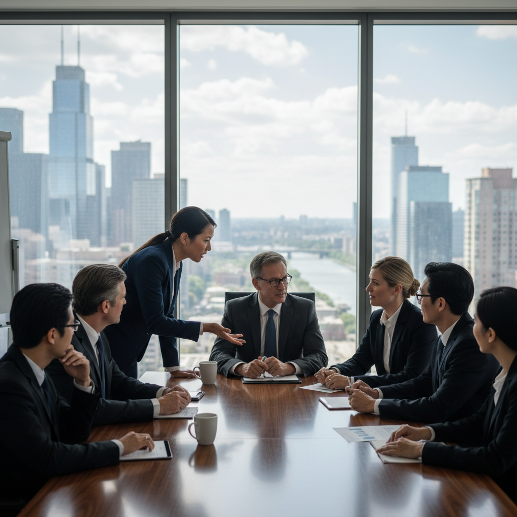 A photorealistic image of a group of professional business executives in a modern corporate boardroom, gathered around a conference table, engaged in a serious discussion and decision-making process, symbolizing a board resolution without showing any documents or text.