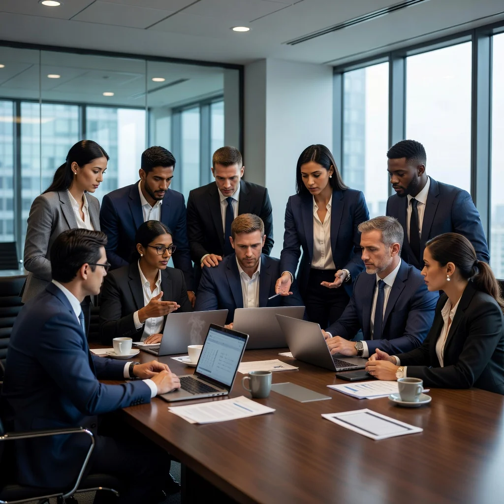 A photorealistic image of a professional board meeting in a modern corporate conference room, featuring a diverse group of adult business executives seated around a polished wooden table, engaged in serious discussion, with laptops and notebooks in front of them, conveying leadership and decision-making.
