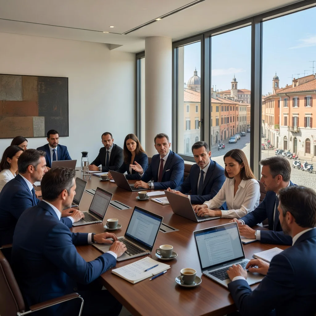 A photorealistic image of a professional boardroom meeting in an Italian corporate office, with a diverse group of adult business executives seated around a polished wooden table, engaged in serious discussion, with Italian flags or subtle Italian architectural elements in the background to evoke the context of an Italian Board of Directors resolution, no children present, highly detailed and realistic photography style.