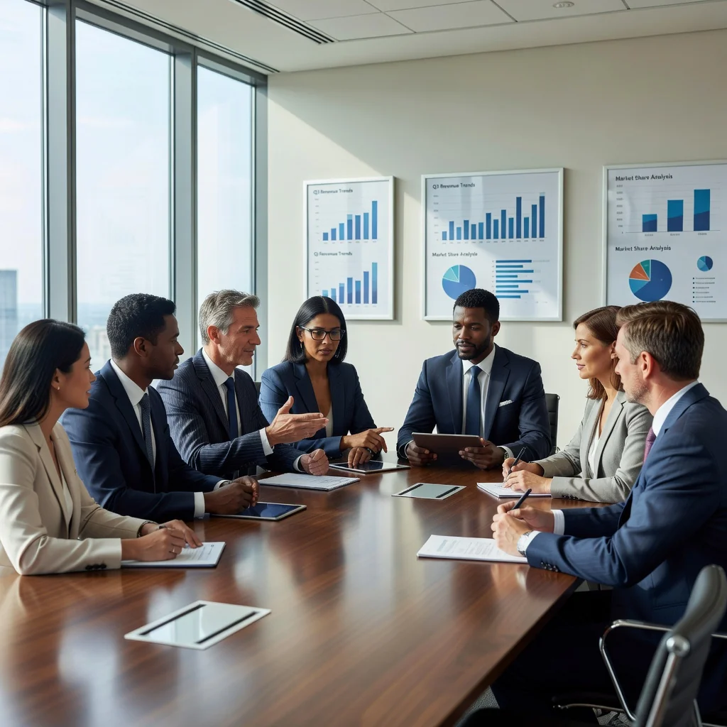 A photorealistic image of a diverse group of professional adults in a modern corporate boardroom, engaged in a serious discussion around a conference table, symbolizing the decision-making process of a Board of Directors resolution, with natural lighting and realistic details, no children present.