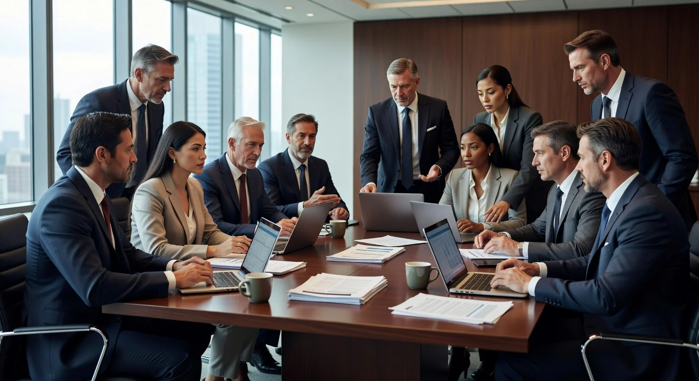 Boardroom meeting of executives discussing agenda.