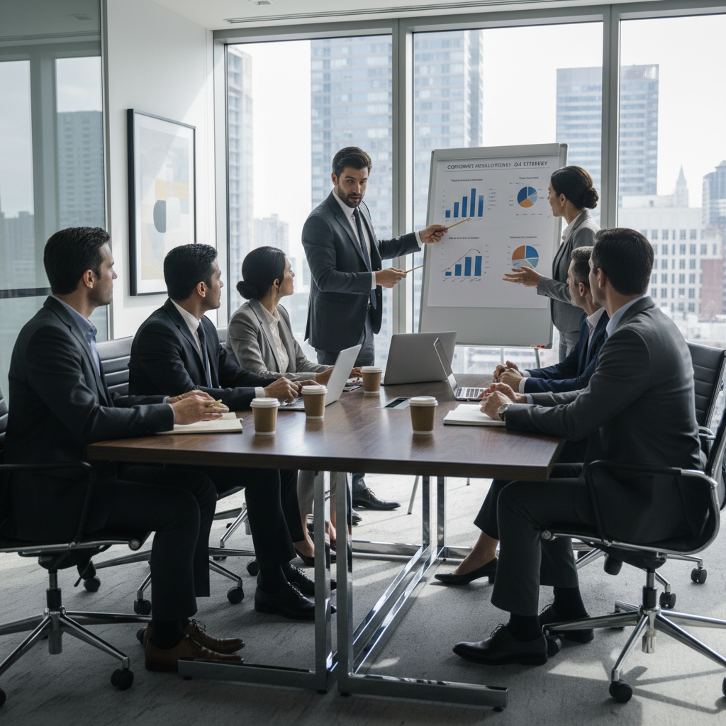 A photorealistic image of a professional business meeting in a modern conference room, showing a group of adult executives in suits discussing and making decisions around a table, symbolizing board resolutions in a company, with no children present.