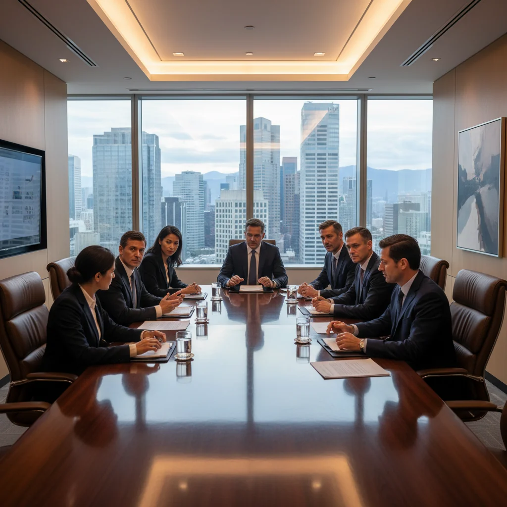 A photorealistic image of a professional boardroom meeting with diverse adult business executives seated around a conference table, engaged in serious discussion, symbolizing the importance of board decisions without focusing on documents.