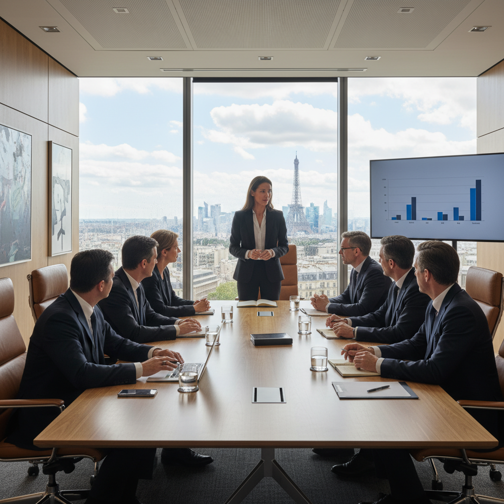 A photorealistic image of a diverse group of professional business executives in a modern French boardroom, seated around a polished wooden conference table, engaged in a serious discussion. One executive is gesturing confidently while speaking, others are listening attentively with notebooks and laptops in front of them. The room features large windows with views of Paris skyline, elegant French decor, conveying authority, collaboration, and corporate decision-making. No children, no legal documents visible. The style is strictly photorealistic, like a high-resolution photograph, no graphics, illustrations, or drawings.