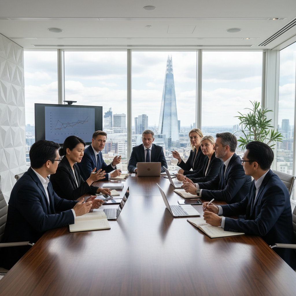 A photorealistic image of a diverse group of professional adults in a modern UK corporate boardroom, engaged in a serious discussion around a conference table, symbolizing corporate decision-making and board resolutions, with natural lighting from large windows overlooking a cityscape, no children present.