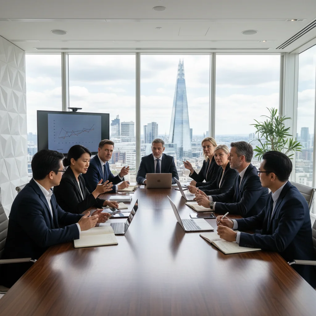 A photorealistic image of a diverse group of professional adults in a modern UK corporate boardroom, engaged in a serious discussion around a conference table, symbolizing corporate decision-making and board resolutions, with natural lighting from large windows overlooking a cityscape, no children present.