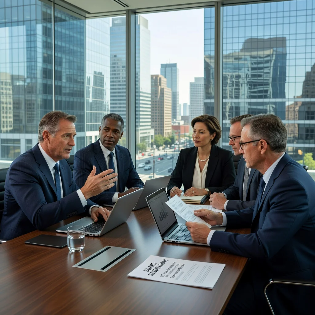 A photorealistic image of a diverse group of professional adults in a modern boardroom, engaged in a serious discussion around a conference table, symbolizing corporate decision-making and governance without any legal documents visible.