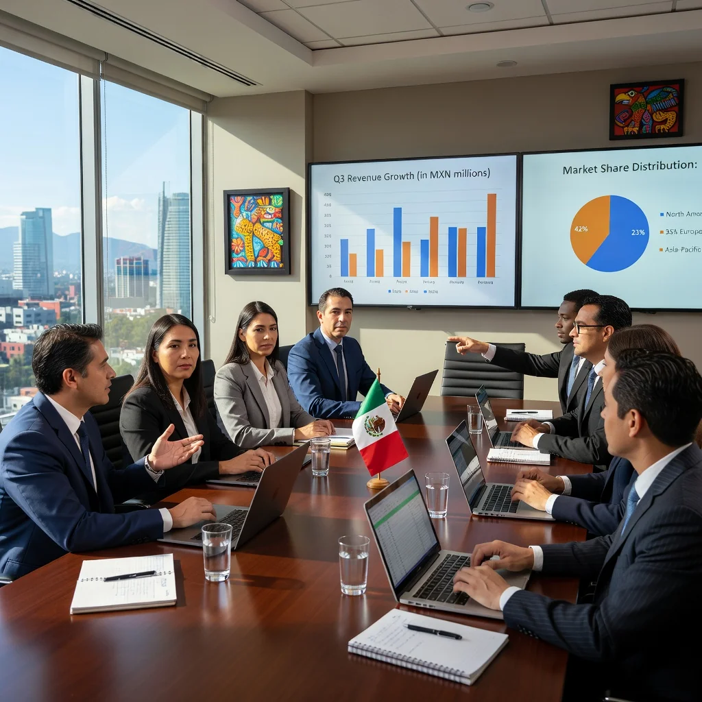 A photorealistic image of a diverse group of professional adults in a modern corporate boardroom in Mexico, engaged in a formal board meeting. They are seated around a polished wooden conference table, discussing business matters with charts and laptops, conveying leadership and decision-making. The setting includes subtle Mexican elements like a flag or cultural decor in the background. No children are present. The image is entirely photorealistic, with no graphics, drawings, or illustrations.