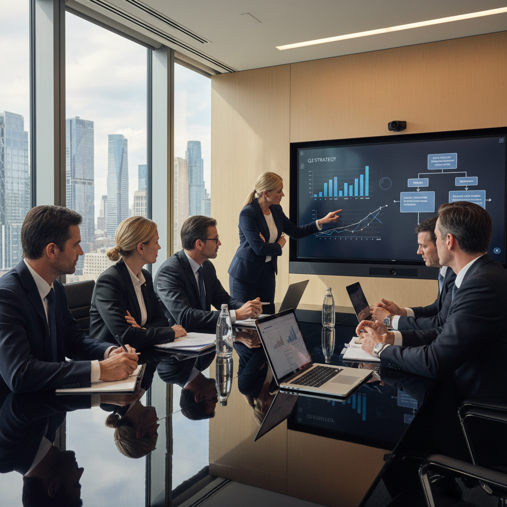 A photorealistic image of a professional board meeting in a modern corporate office, showing diverse adult business executives engaged in serious discussion around a conference table, symbolizing key components of a board resolution.