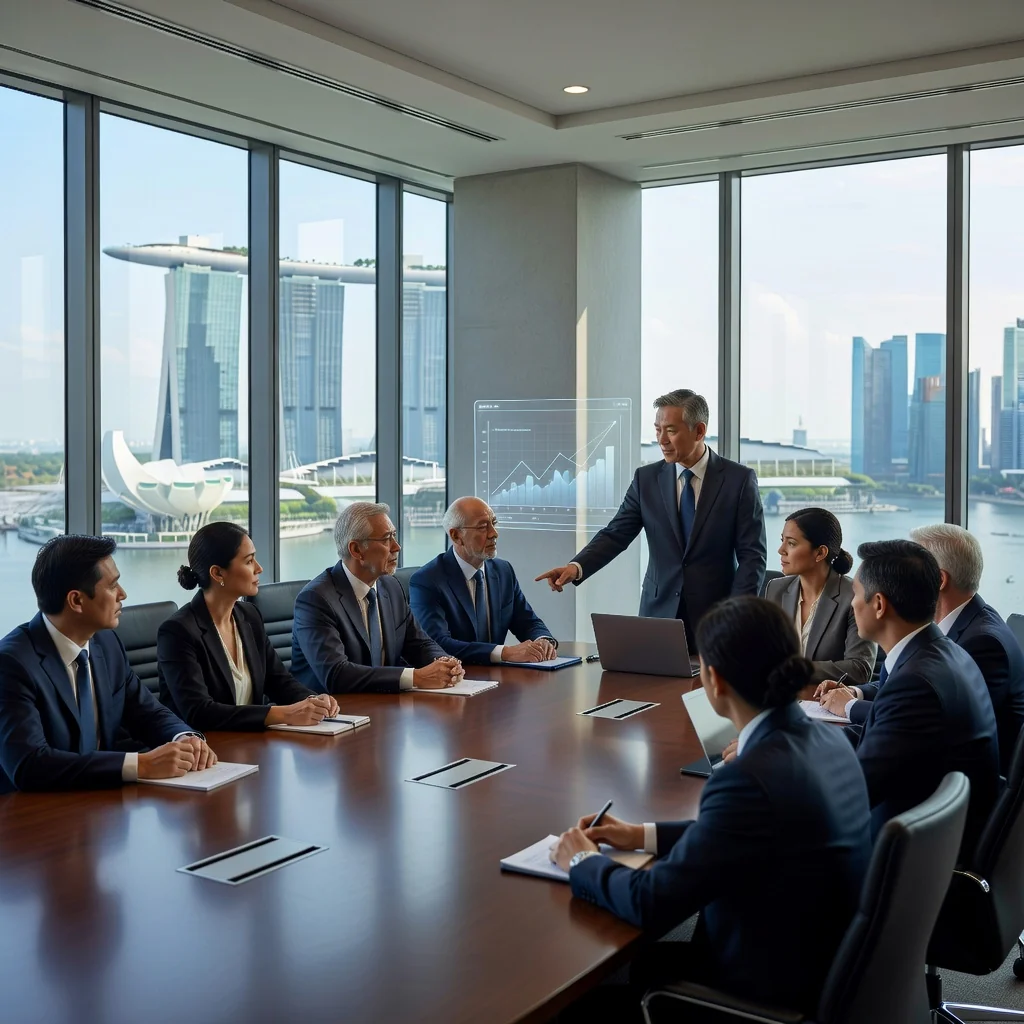 A professional boardroom scene in a modern Singapore office building, with a diverse group of adult business executives in formal attire seated around a conference table, engaged in a serious discussion, with one person gesturing as if proposing a resolution, overlooking a cityscape view of Singapore's skyline including Marina Bay Sands, conveying corporate decision-making and governance, photorealistic style, no children present.