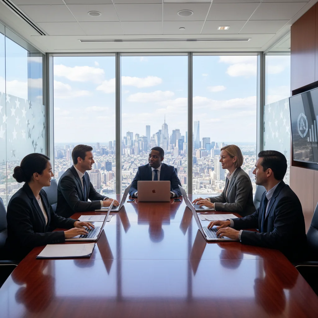 A professional boardroom scene with diverse executives seated around a conference table, engaged in a serious discussion, symbolizing corporate decision-making and governance in US companies, with subtle American flag elements in the background to evoke legal context.