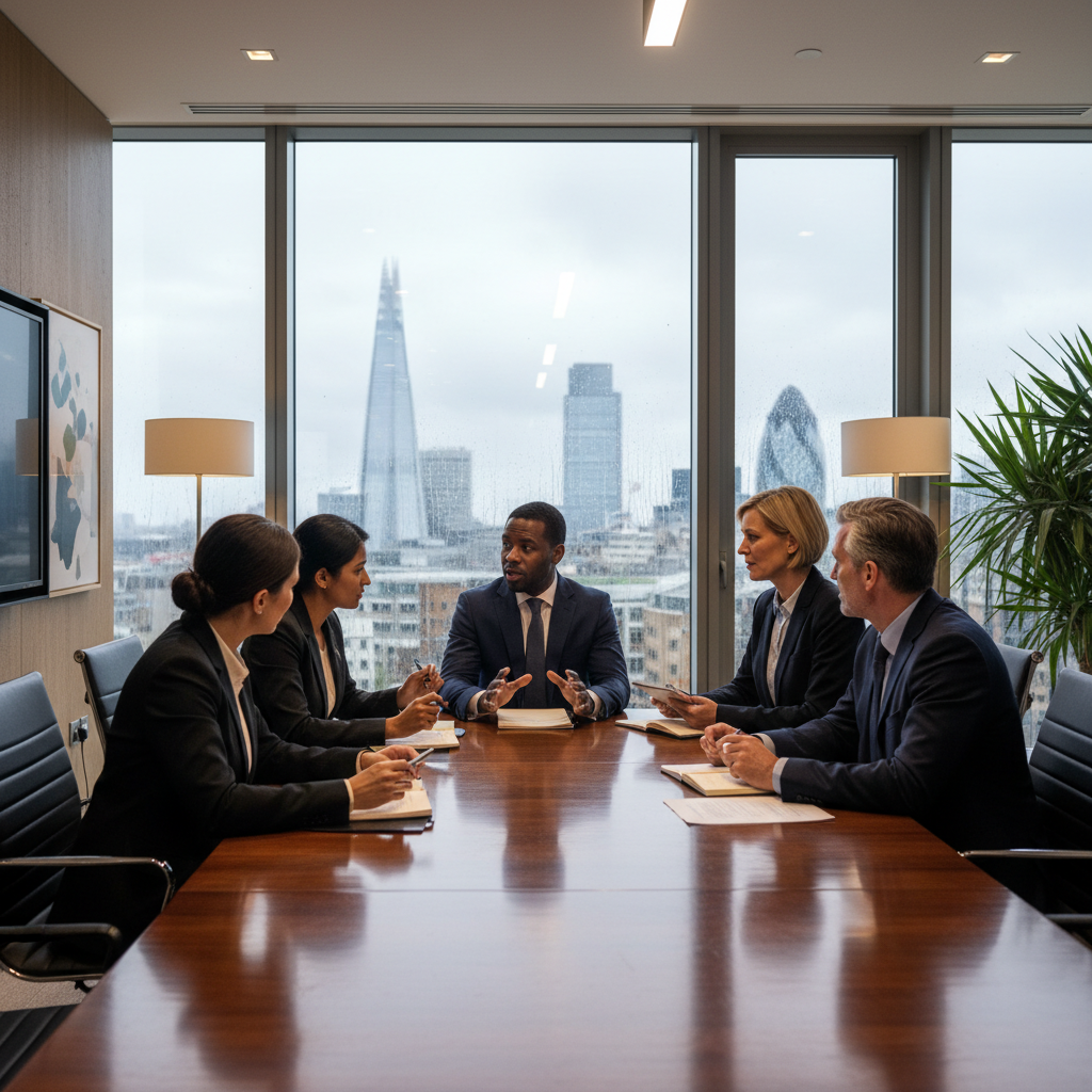 A photorealistic image of a diverse group of professional adults in a modern UK corporate boardroom, engaged in a serious discussion around a conference table, symbolizing careful decision-making in board resolutions. The atmosphere is professional and focused, with natural lighting from windows overlooking a cityscape, emphasizing collaboration and precision in business governance. No children or any text elements are present.