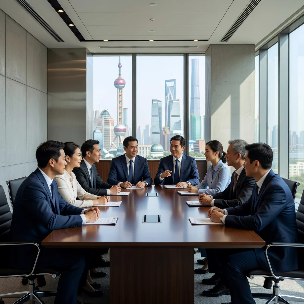 A photorealistic image of a diverse group of professional Chinese business executives in a modern boardroom, engaged in a serious discussion around a conference table, symbolizing corporate decision-making and governance in a Chinese company context. No children or legal documents visible.