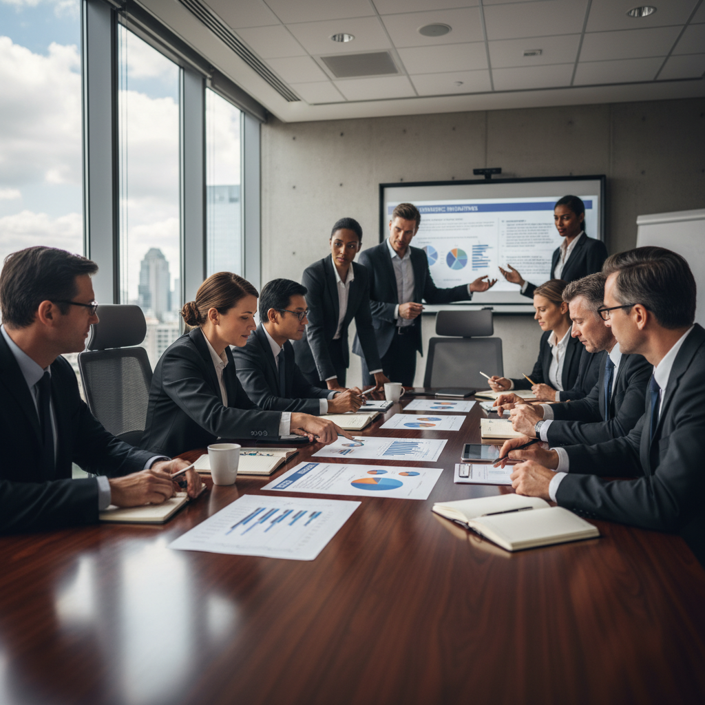 A photorealistic image of a diverse group of professional business executives seated around a polished wooden conference table in a modern boardroom, engaged in a serious discussion. They are pointing at charts and documents on the table, symbolizing effective decision-making and governance in a corporate board meeting. The atmosphere is professional and collaborative, with natural lighting from large windows.