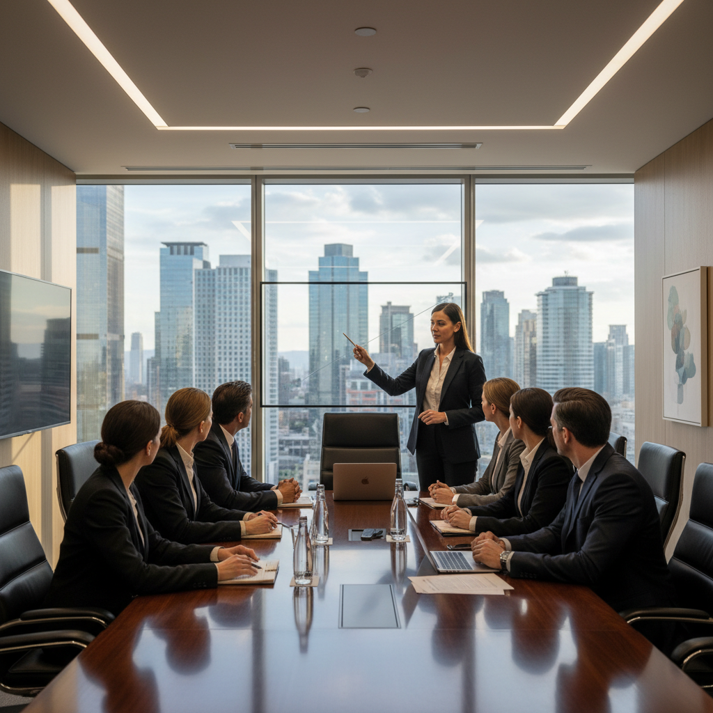 A photorealistic image of a diverse group of professional business executives seated around a large conference table in a modern boardroom, engaged in a serious discussion about company resolutions. The atmosphere is formal and collaborative, with one person gesturing as if presenting ideas, natural lighting from large windows highlighting their focused expressions. No children or any individuals under 18 are present. The image is strictly photorealistic, resembling a high-resolution photograph, not graphics, illustrations, or drawings.