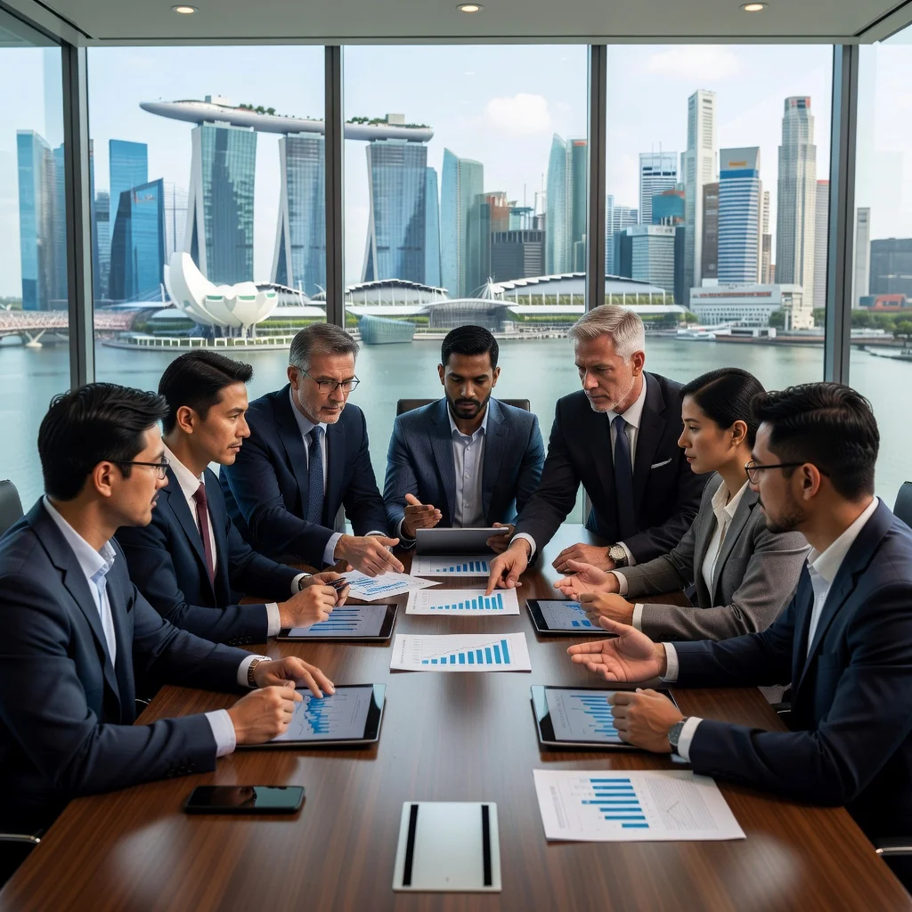 A photorealistic image of a diverse group of professional business executives in a modern Singapore boardroom, engaged in a serious discussion around a conference table, symbolizing careful decision-making in corporate governance to avoid common mistakes in board resolutions. The scene captures the intensity and collaboration of board members reviewing strategies, with elements like a city skyline view of Singapore in the background, emphasizing precision and professionalism in business leadership.