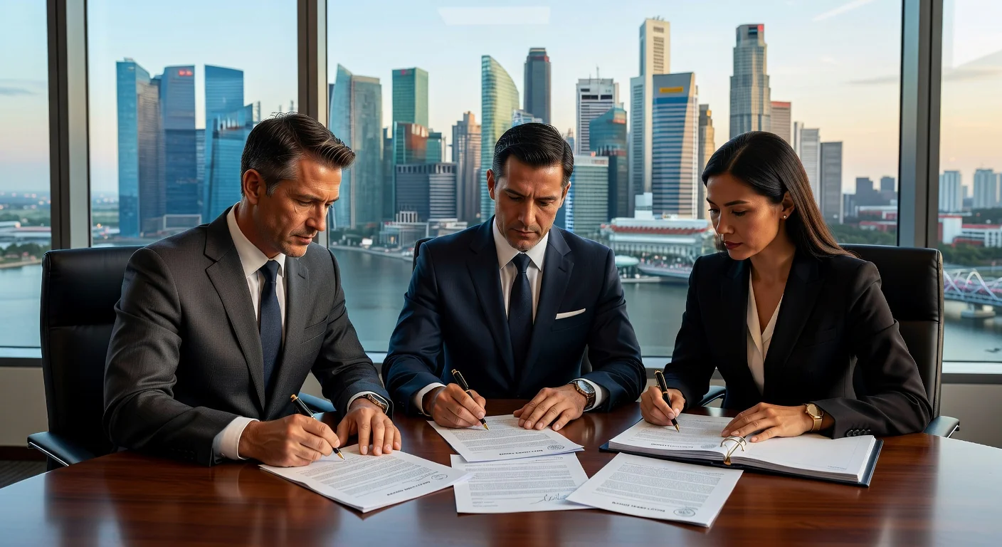 Business professionals signing documents