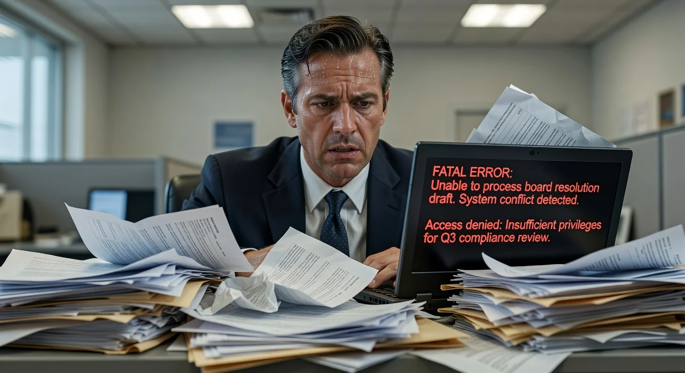 Overwhelmed executive at cluttered desk