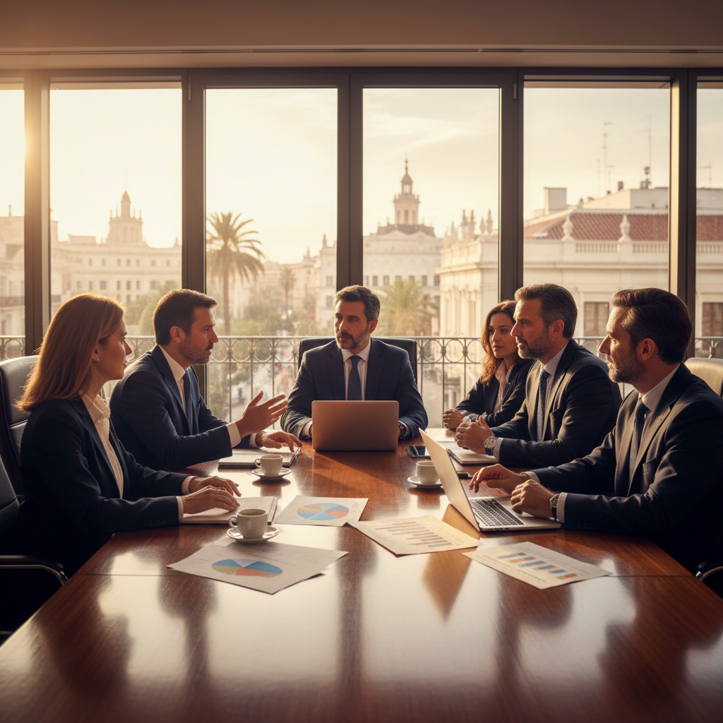 A photorealistic image of a diverse group of professional business executives in a modern Spanish boardroom, seated around a conference table during a strategic meeting, discussing corporate governance matters with focused expressions, natural lighting from large windows overlooking a cityscape, conveying trust, collaboration, and decision-making authority.