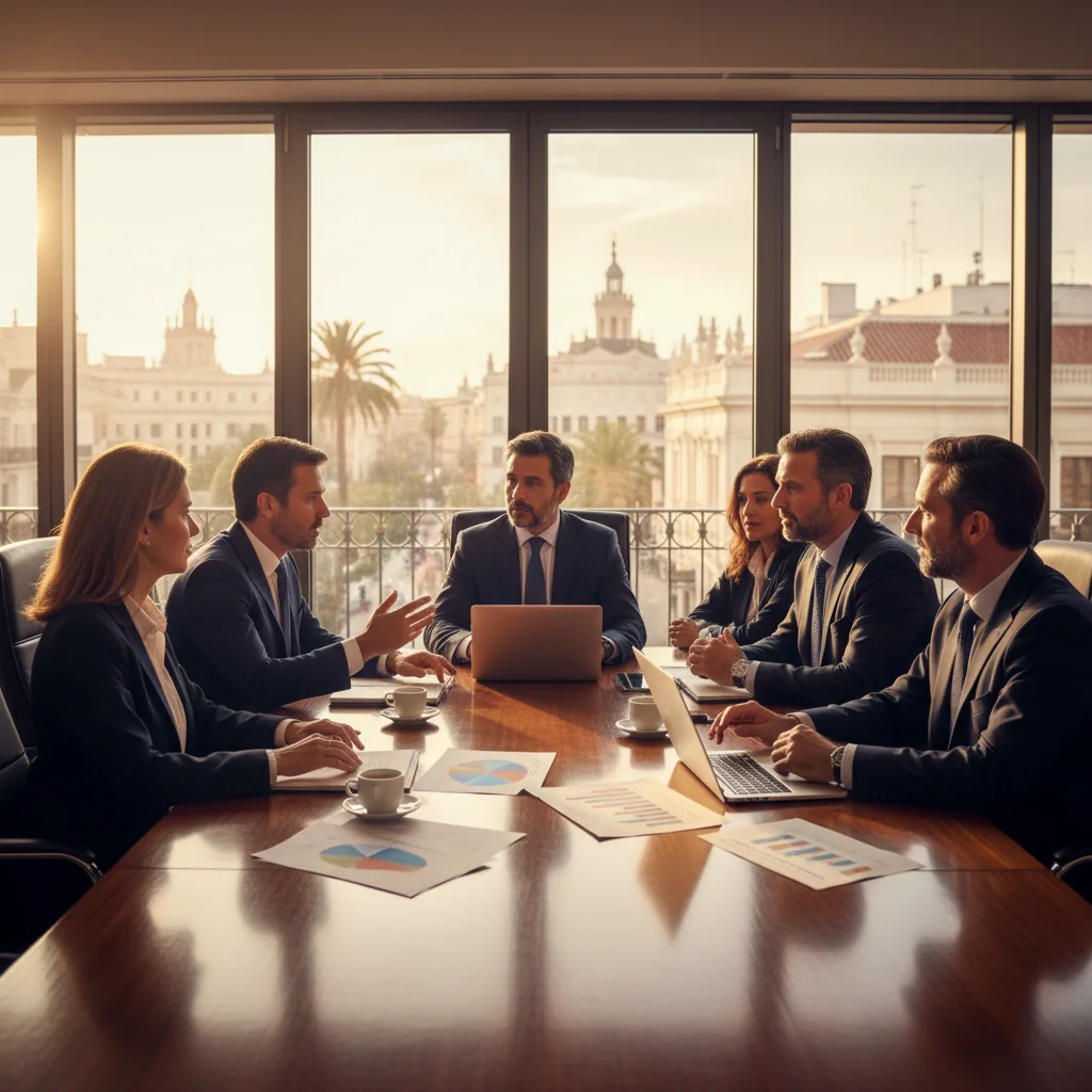 A photorealistic image of a diverse group of professional business executives in a modern Spanish boardroom, seated around a conference table during a strategic meeting, discussing corporate governance matters with focused expressions, natural lighting from large windows overlooking a cityscape, conveying trust, collaboration, and decision-making authority.