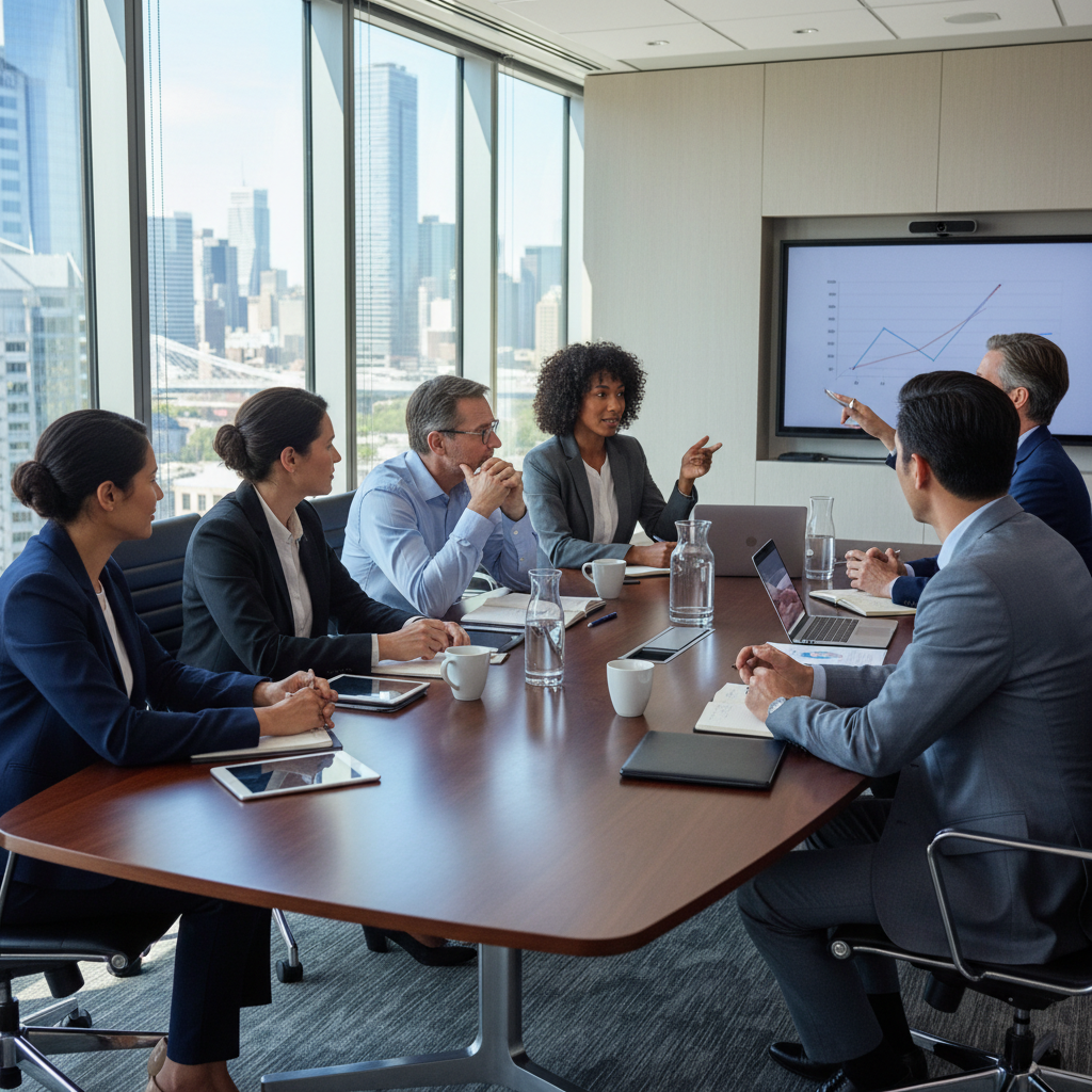 A photorealistic image of a diverse group of professional adults in a modern boardroom, engaged in a collaborative discussion around a conference table, symbolizing effective board decision-making and resolution drafting. No children or documents visible.