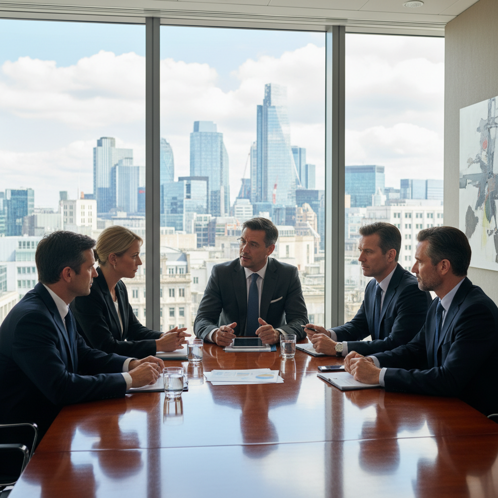 A photorealistic image of a diverse group of professional adults in a modern UK boardroom, engaged in a serious discussion around a conference table, symbolizing corporate decision-making and board resolutions, with no documents visible, natural lighting, high detail, no children present.