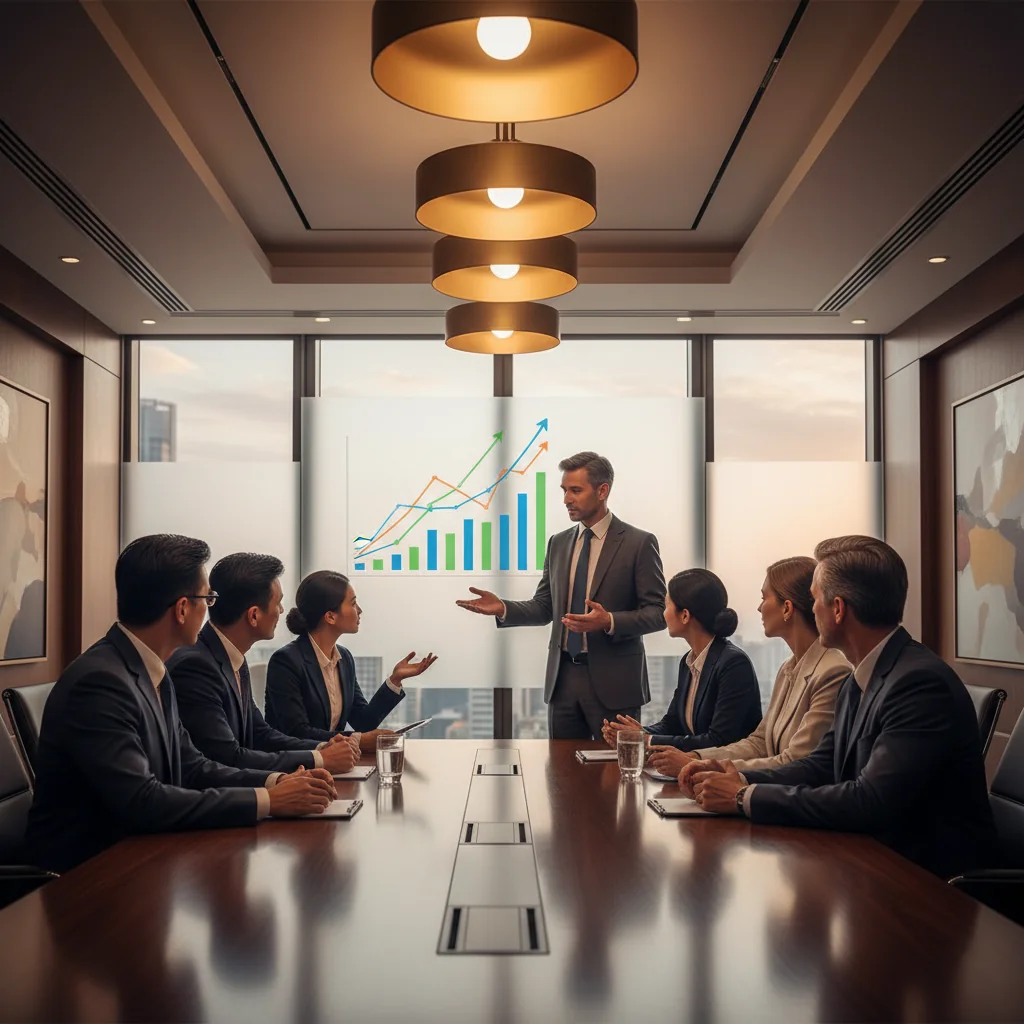 A professional scene of a diverse group of business executives sitting around a conference table in a modern boardroom, engaged in a serious discussion with charts and graphs projected on a screen, symbolizing corporate decision-making and governance without showing any documents.