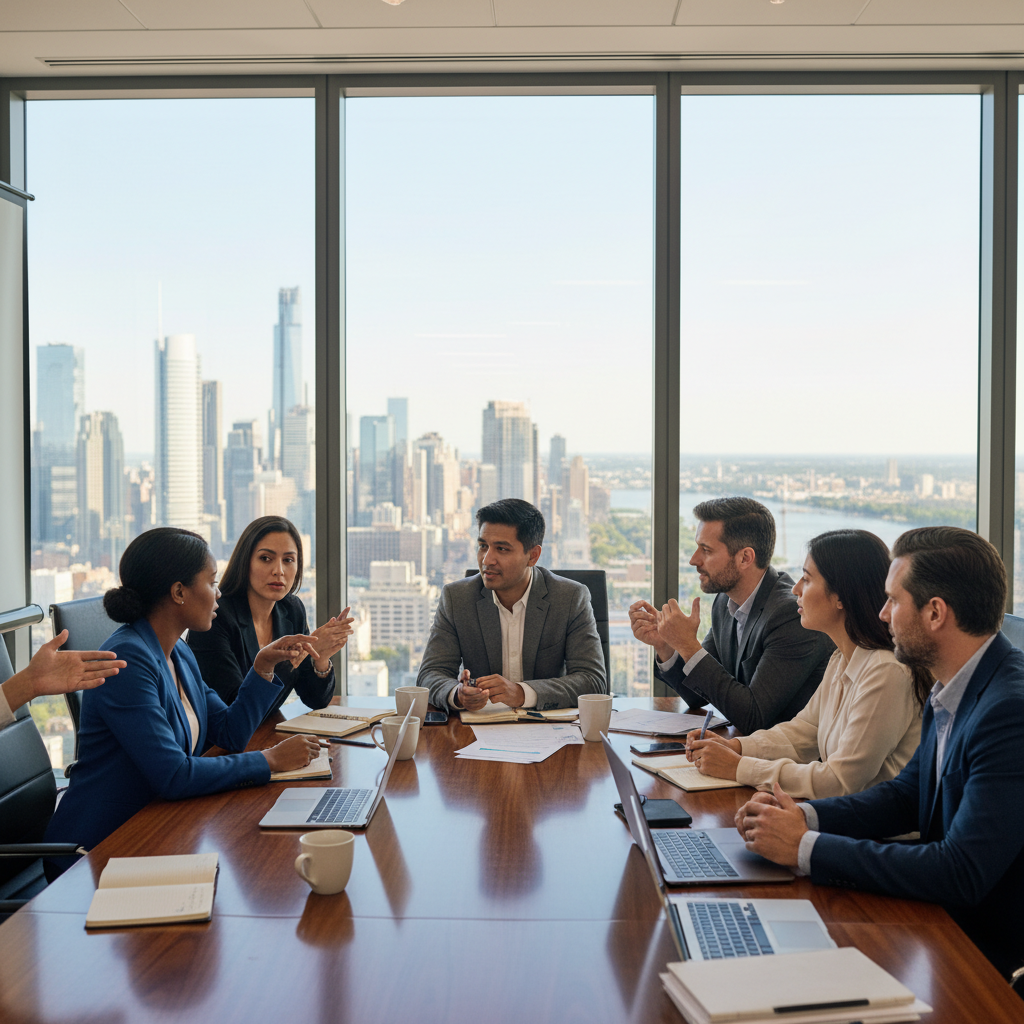 A photorealistic image of a professional business meeting in a modern corporate boardroom, showing a diverse group of adult executives engaged in serious discussion around a conference table, symbolizing corporate decision-making and board resolutions.
