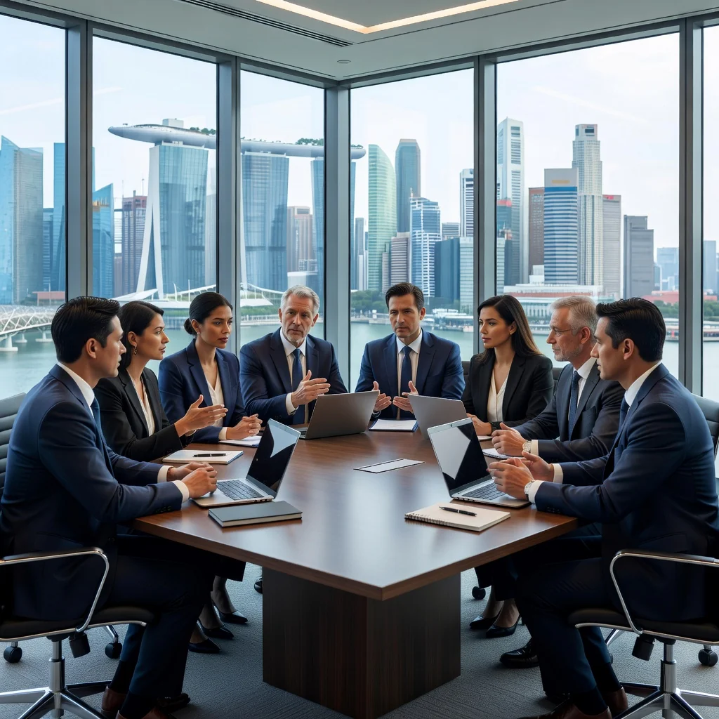 A photorealistic image of a diverse group of professional adults in a modern Singapore boardroom, engaged in a serious discussion around a conference table, symbolizing corporate decision-making and board resolutions. The atmosphere is professional and collaborative, with elements like city skyline views from windows to evoke a Singapore business setting. No children or any individuals under 18 are present.