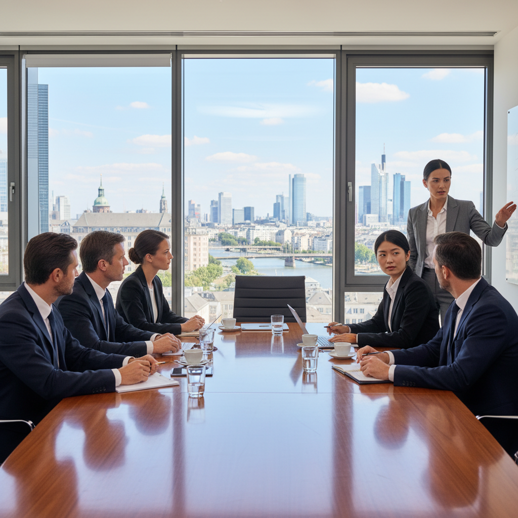 A photorealistic image of a professional business meeting in a modern German office, where a group of adult executives in suits are discussing and signing important corporate decisions around a conference table, evoking the formal process of board resolutions without showing any documents.
