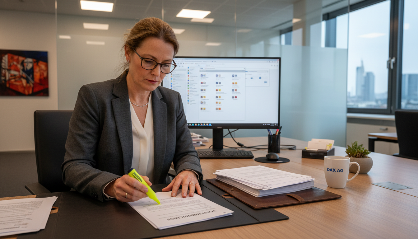Businesswoman reviewing Vorstandsbeschluss agreement