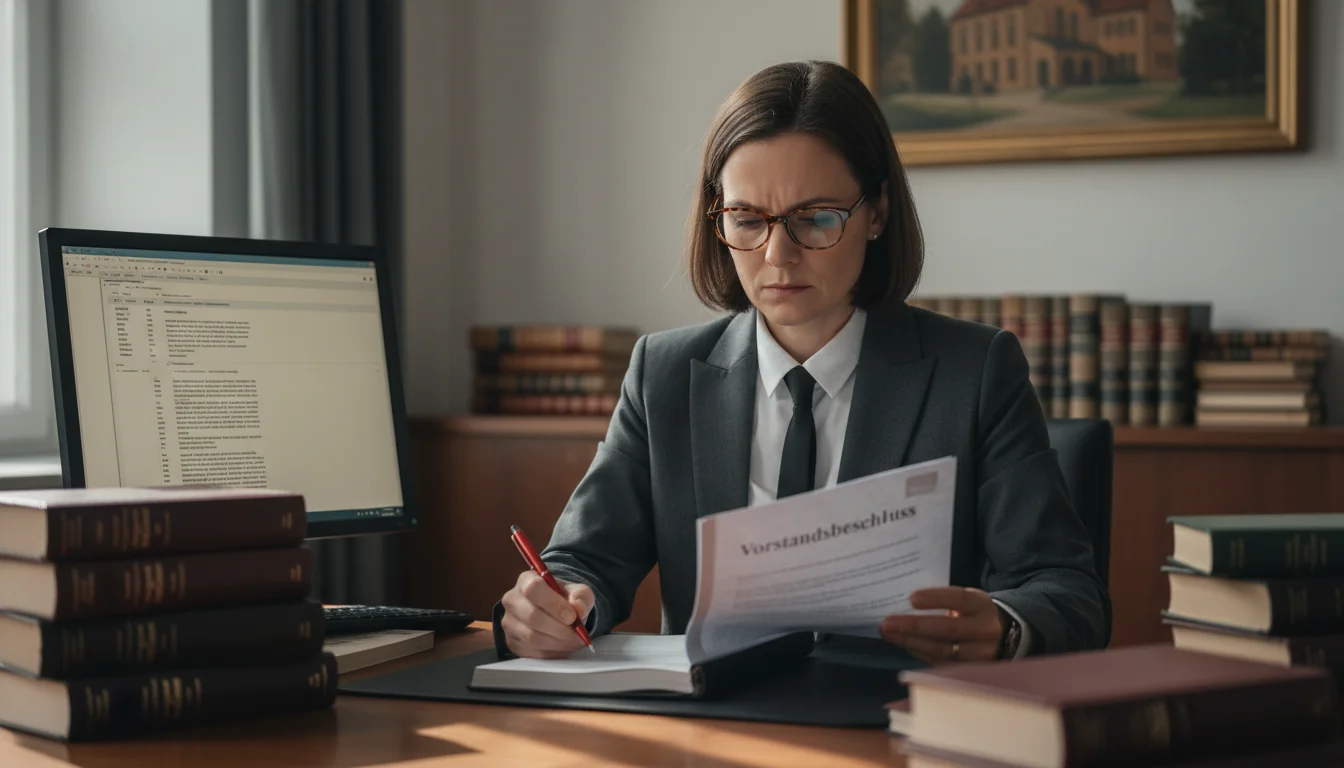 Corporate lawyer reviewing board resolution
