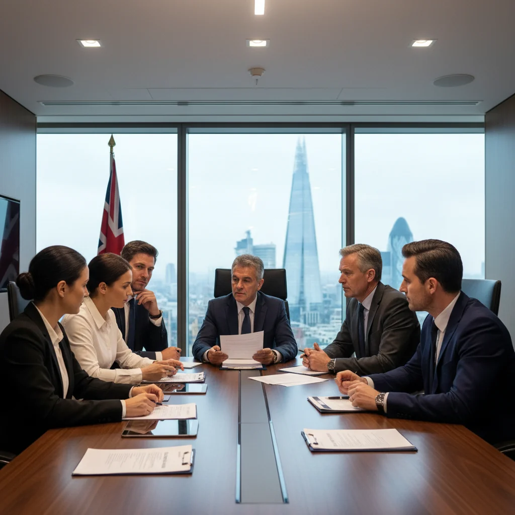 A photorealistic image of a diverse group of professional adults in a modern UK boardroom, seated around a polished wooden conference table, engaged in a serious discussion. They are gesturing animatedly, with laptops and notepads in front of them, symbolizing corporate decision-making and board resolutions. The room features large windows with a view of London skyline, natural daylight illuminating the scene. No children are present. The image is strictly photorealistic, like a high-resolution photograph, with no graphics, drawings, or illustrations.