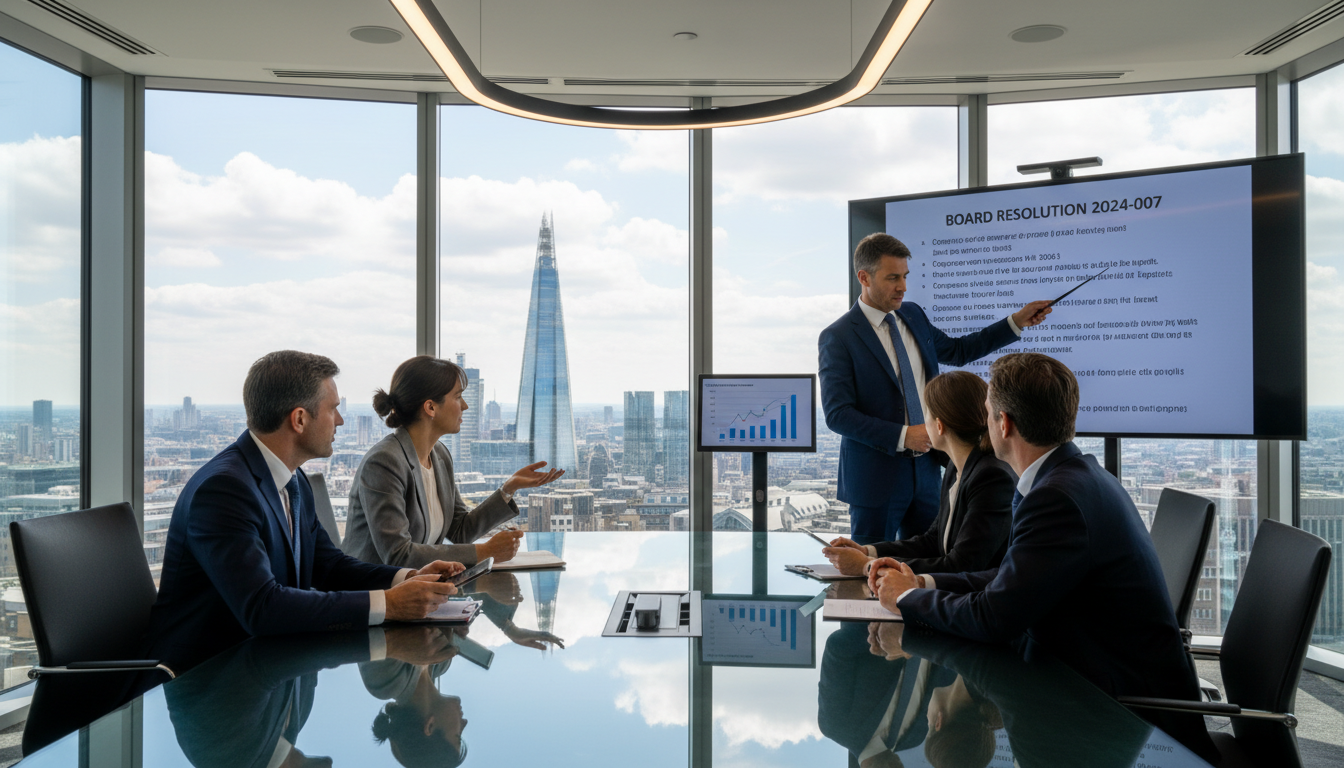 Corporate board meeting discussing resolutions