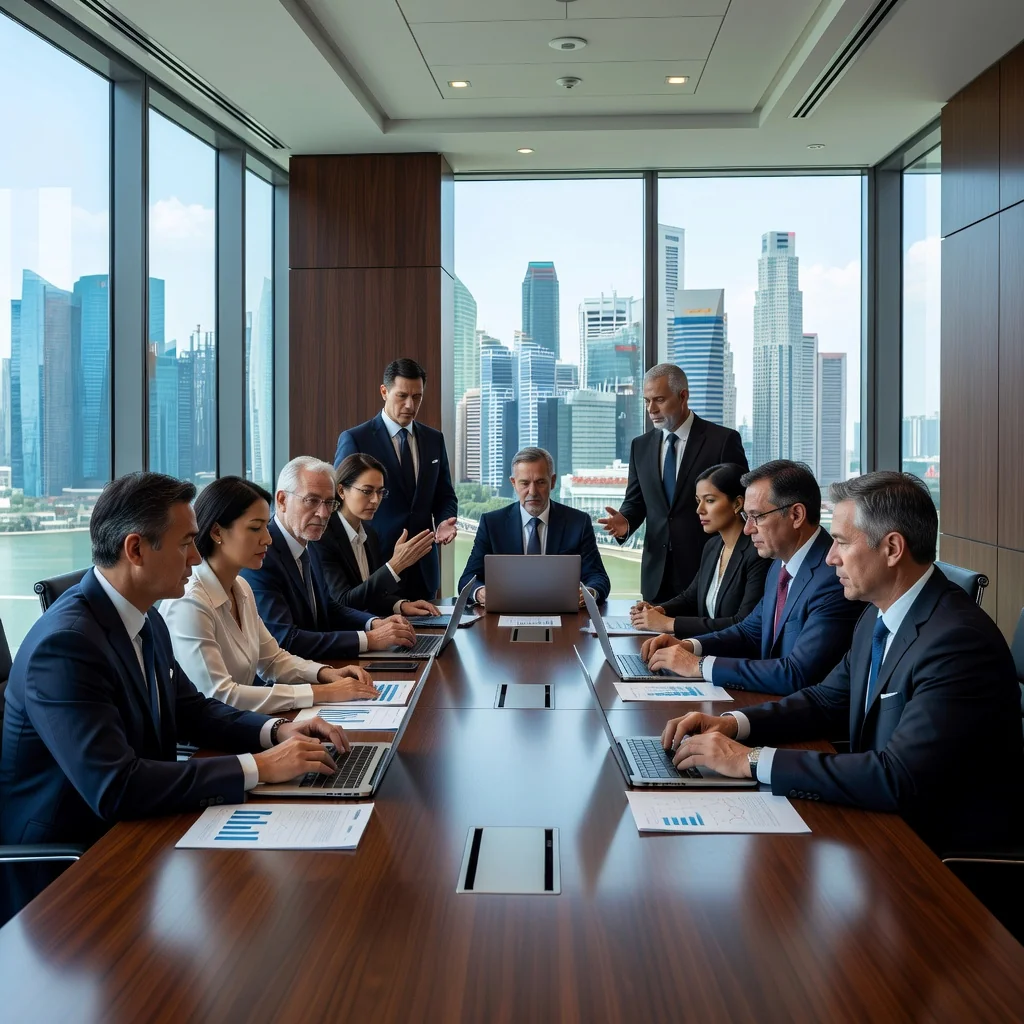 A professional boardroom meeting in a modern Singapore office, with diverse adult business executives discussing corporate decisions around a conference table, symbolizing the purpose of board resolutions.