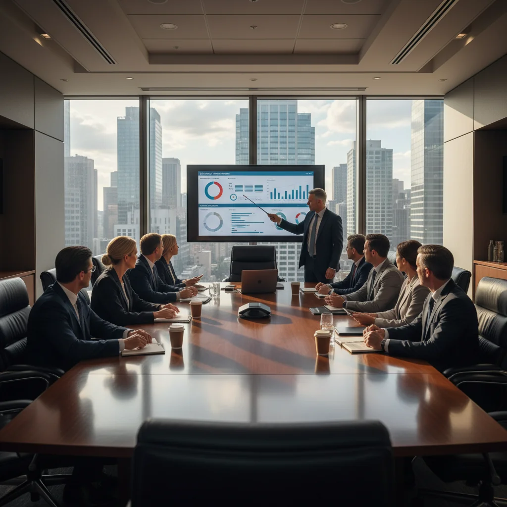 A professional boardroom scene with diverse adult business executives seated around a conference table, engaged in a serious discussion, symbolizing corporate decision-making and governance in the United States.